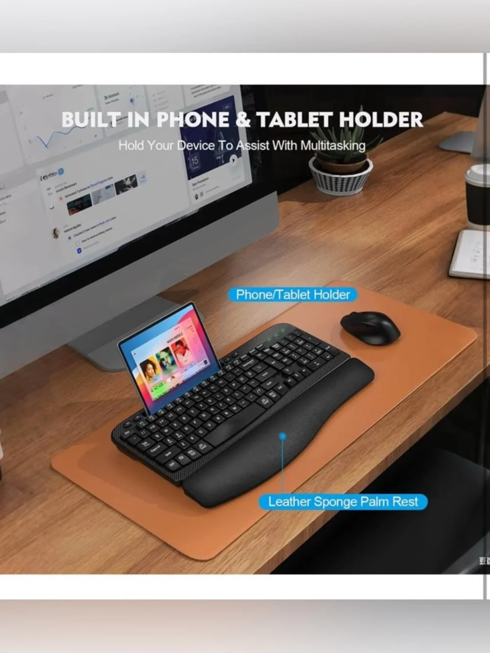 Wireless Keyboard and Mouse Combo, Wave Keys Full-Sized Ergonomic Keyboard